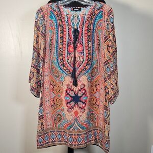 Tolani Silk Boho Print Tunic Cover Up Mini Dress Boho Festival M